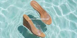 Larroudé transparent wedge sandals floating on turquoise pool water, showcasing the summer collection.