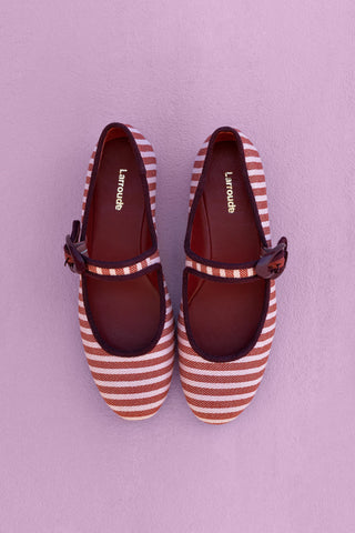 Verona Ballet Flat In Tulip and Carmine Striped Fabric and Burgundy Trimming Ballet Larroudé