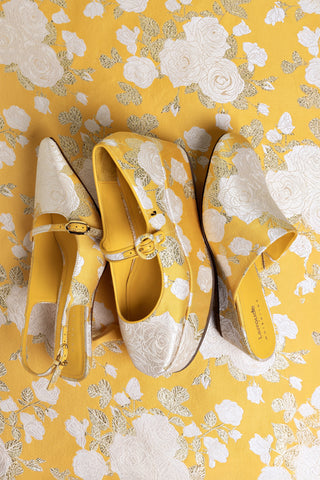 Larroudé x Markarian Venice Wedge In Yellow Floral Brocade