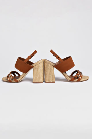 Chloe Gosselin by Larroudé Margot Sandal In Chestnut Suede and Natural Raffia