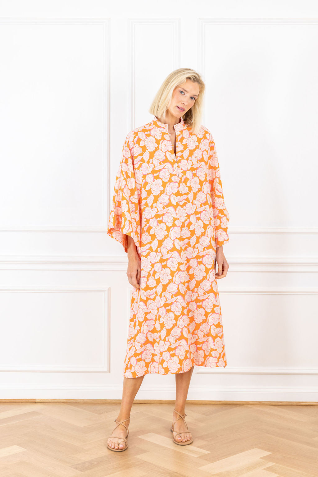 orange floral satin maxi caftan