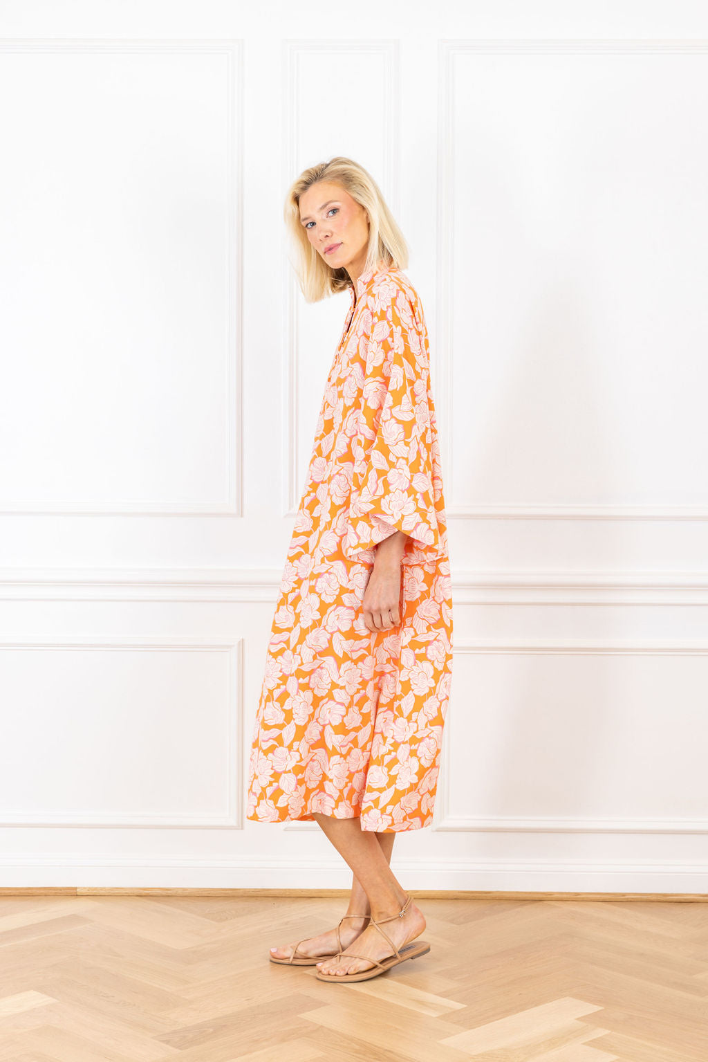 orange floral satin maxi caftan