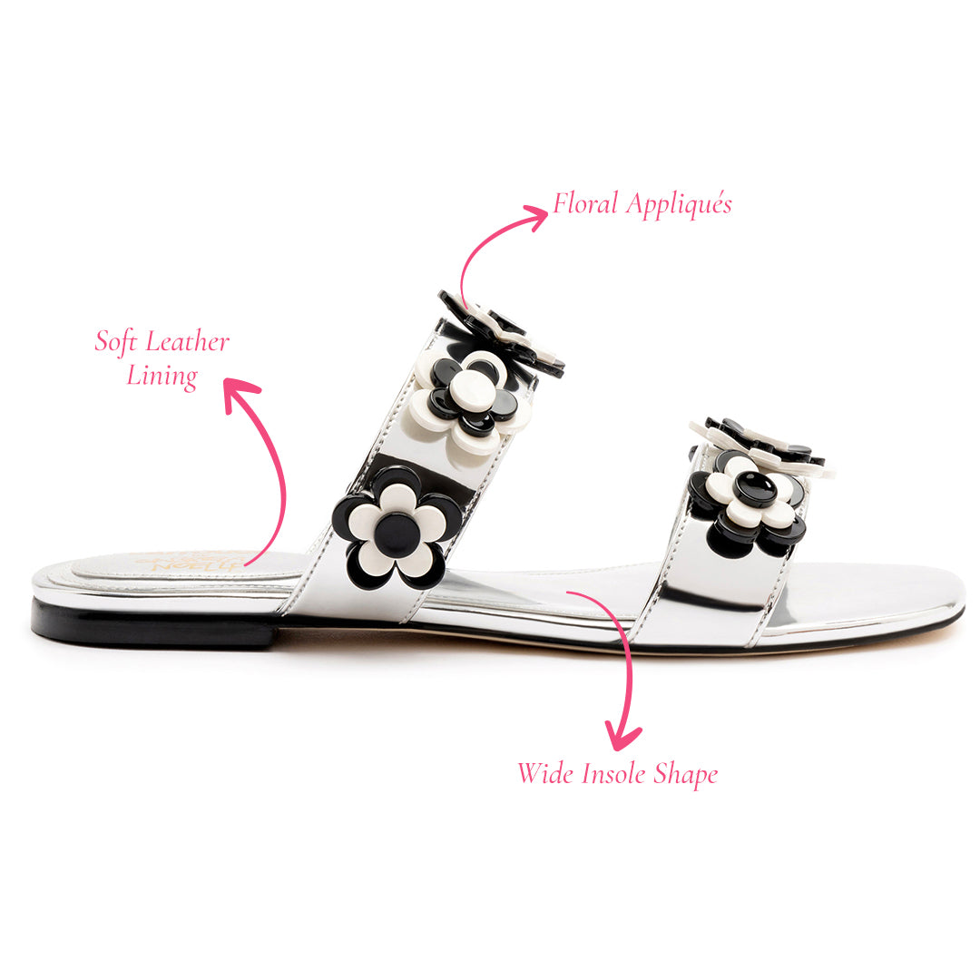 Larroudé x Gabriela Noelle: Blossom Flat Sandal In Silver Specchio and Black and White Acrylic