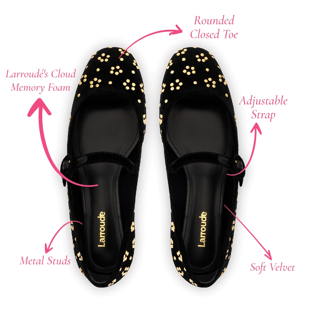 Blair Ballet Flat In Black Velvet and Gold Studs