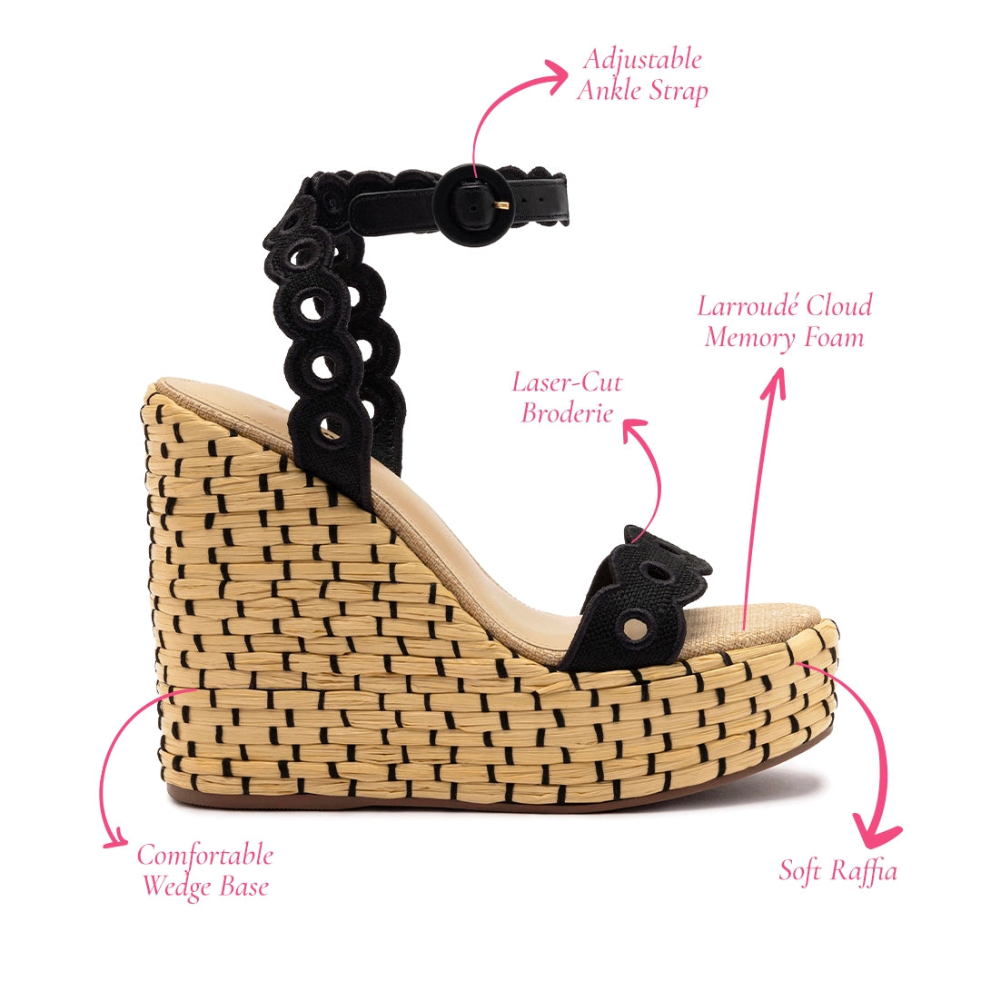 Florence Broderie Wedge In Beige and Black Raffia