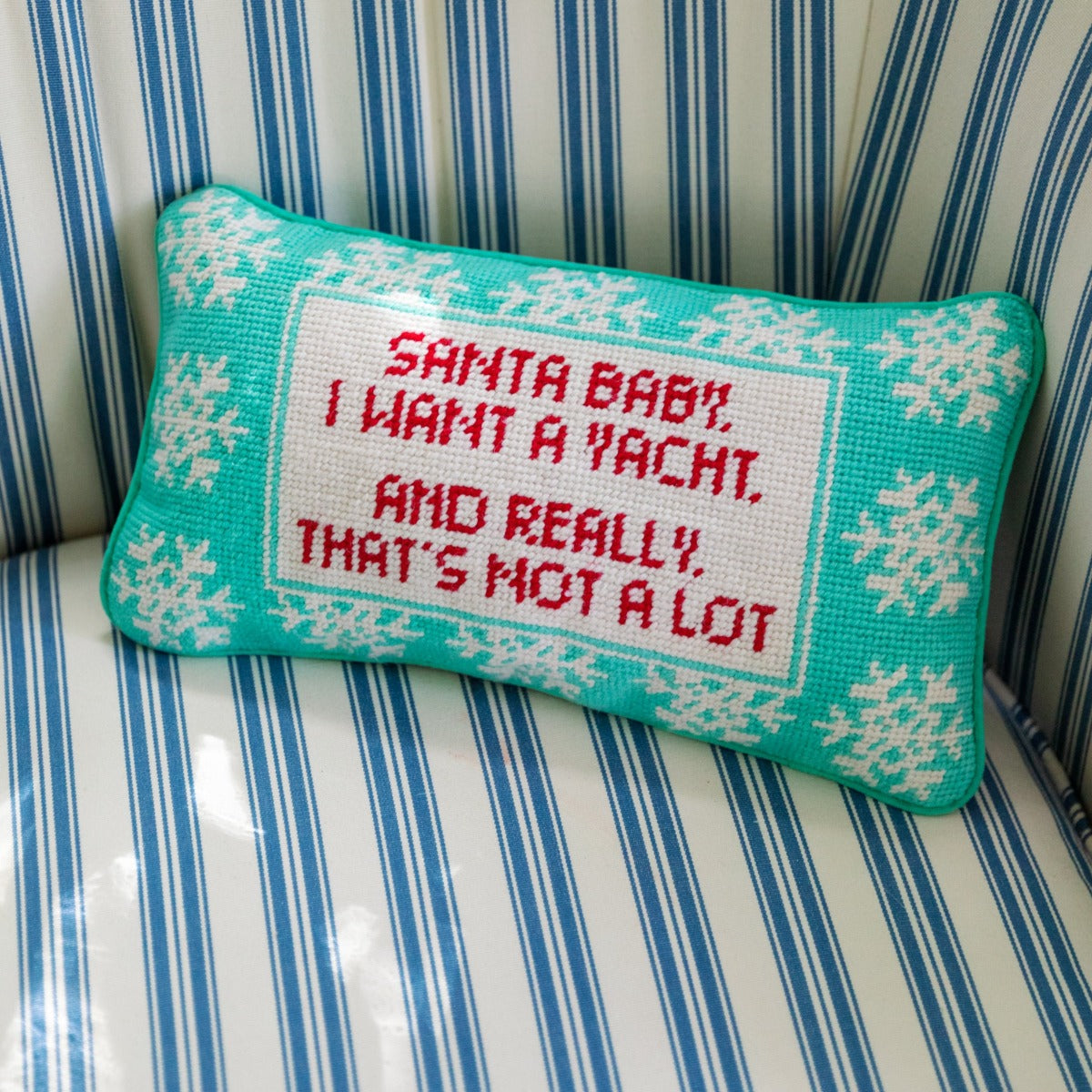 Santa I Want a Yacht Needlepoint Pillow