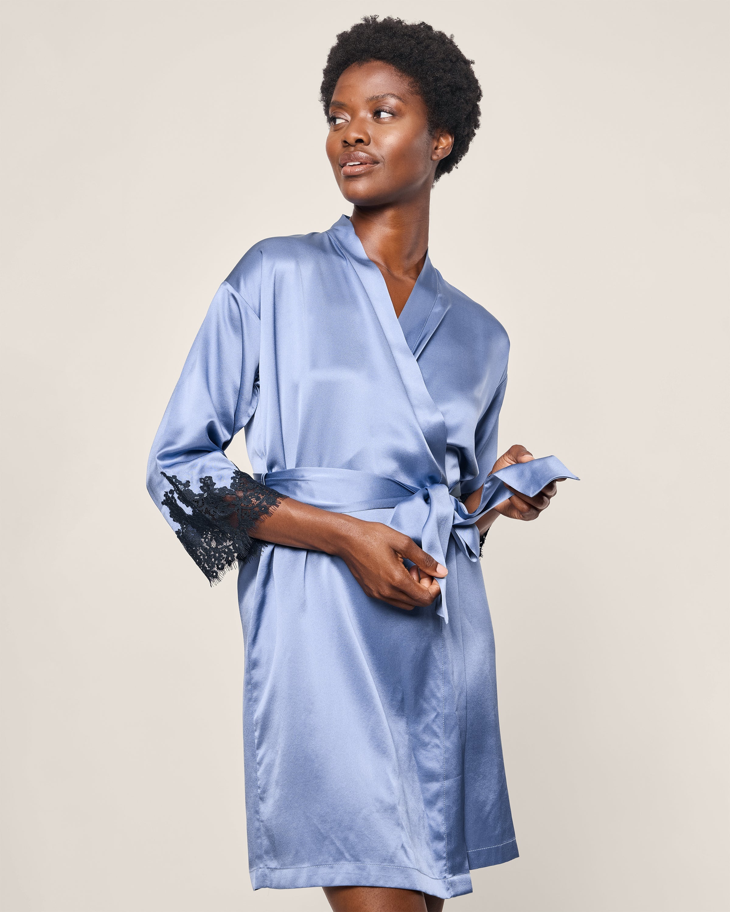 Women's Silk Lace Robe in Mystique Blue