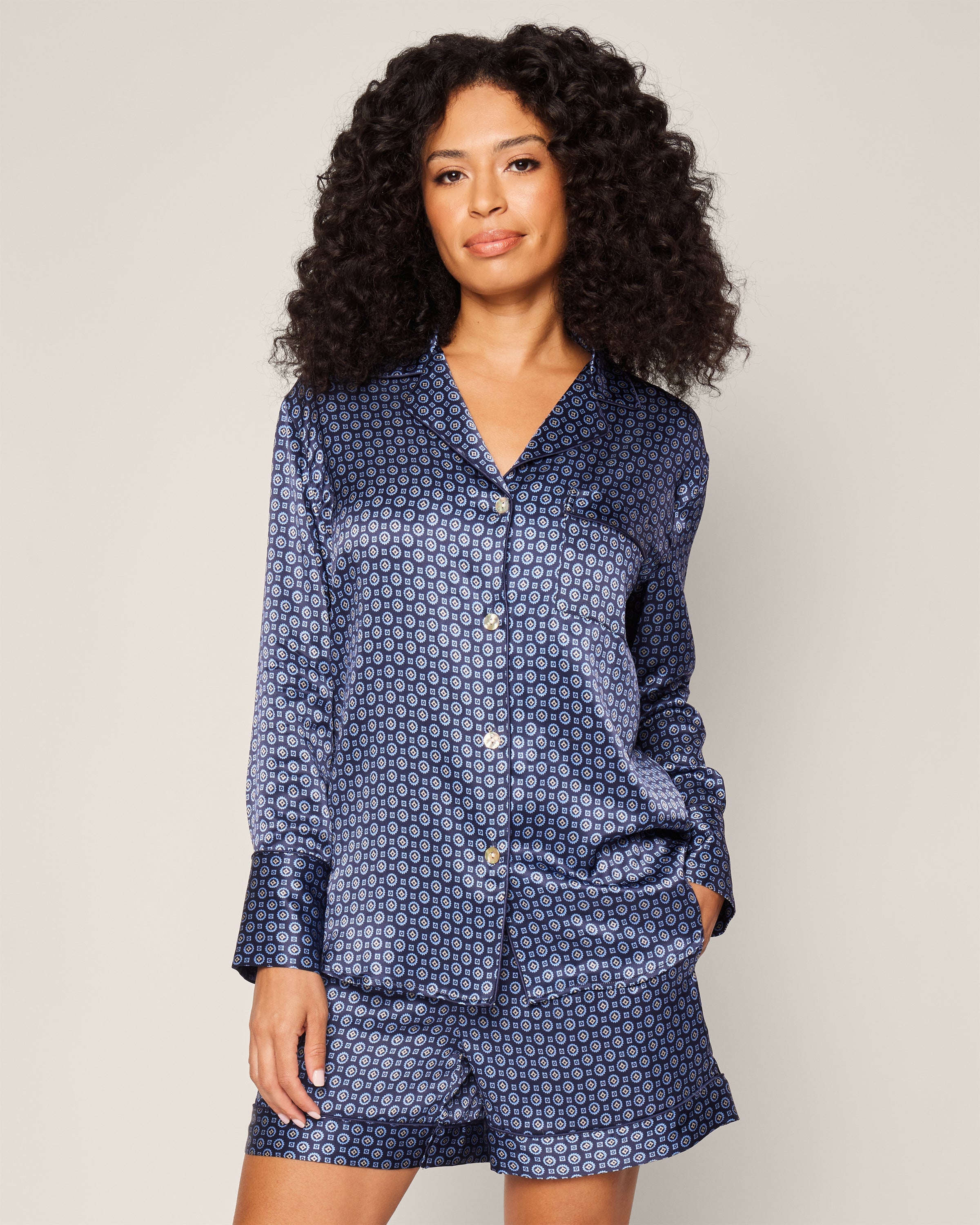 Women's Silk Long Sleeve Short Set in Midnight Foulard