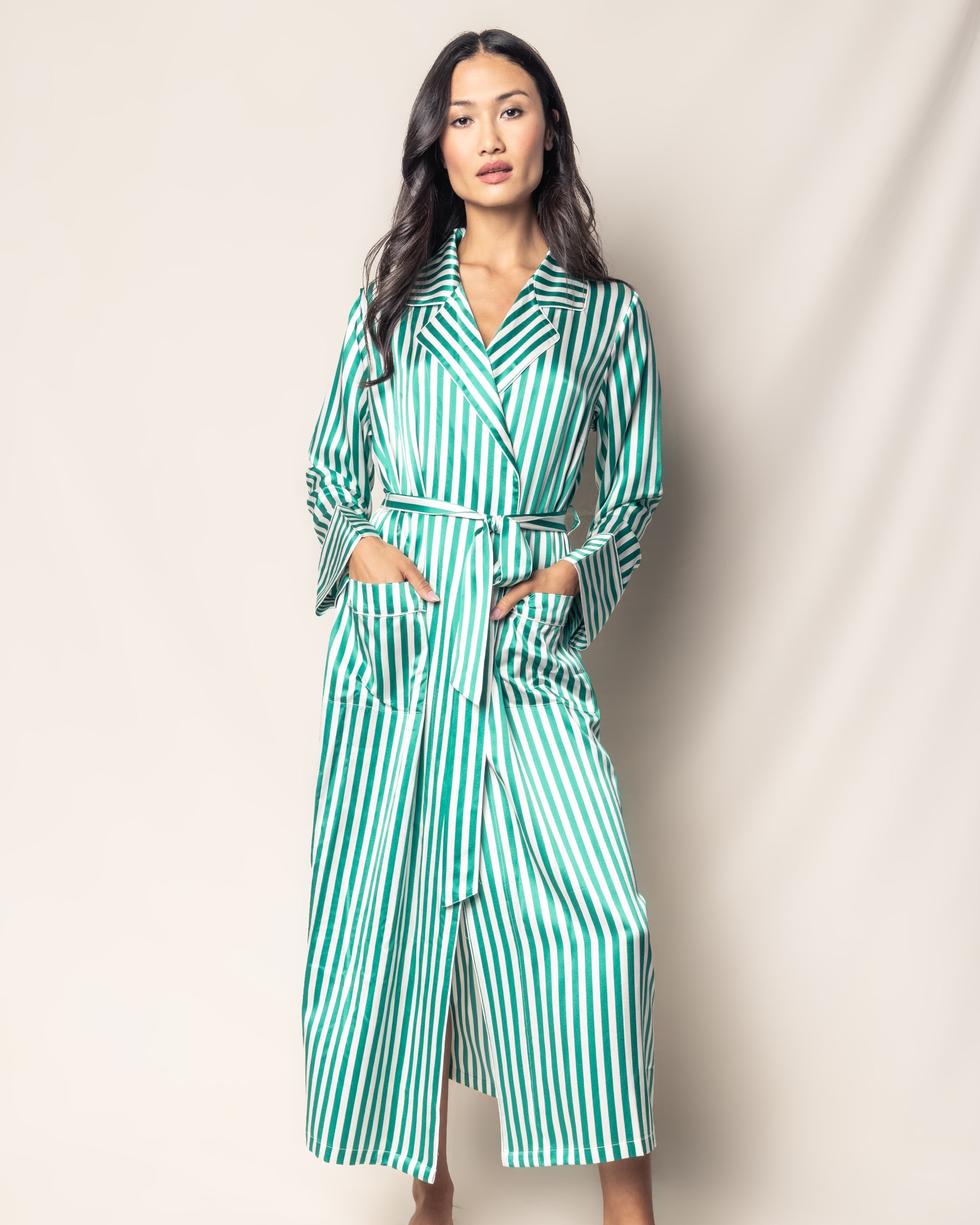 Women's Silk Long Robe in Green Stripe