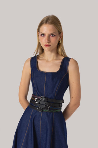 Jonathan Cohen by L.: Zig Zag Belt Blue and Black Leather Clothing Larroudé x Jonathan Cohen