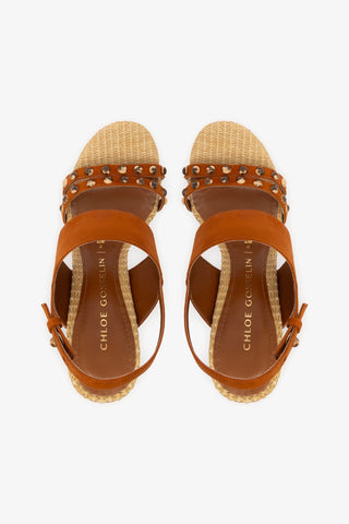Chloe Gosselin by Larroudé Margot Sandal In Chestnut Suede and Natural Raffia