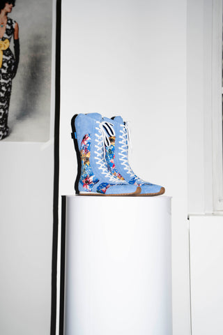 Larroudé x Jonathan Cohen Flat Lo Sneaker Boot In Dodger Blue and Gardenias Colored Satin