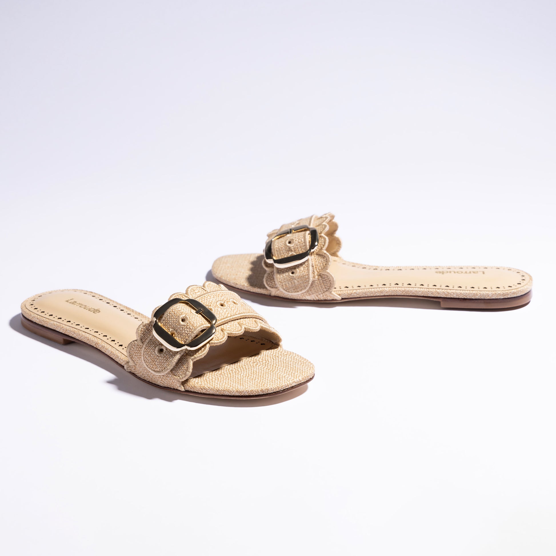 Ivy Broderie Flat Mule In Beige Raffia