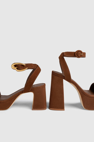 Brown block-heel sandals with ankle straps on a light gray background