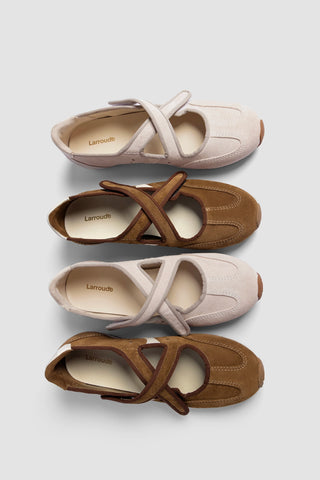 Stella Ballerina Flat In Russet Suede and Ivory Leather Ballet Larroudé