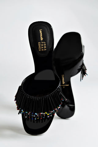 Larroudé x Jonathan Cohen Fringe Greta Mule In Black Patent Leather