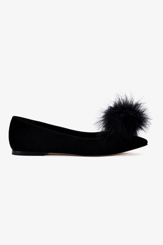 Lee Pompom Flat In Black Suede