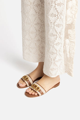 Franca Flat In Natural Raffia And Caramel Leather