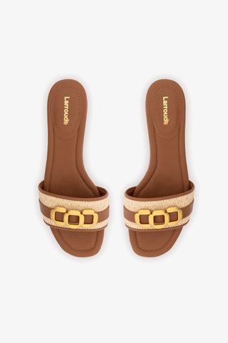 Franca Flat In Natural Raffia And Caramel Leather