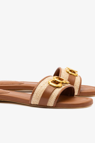 Franca Flat In Natural Raffia And Caramel Leather