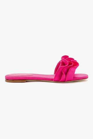 Ivy Ruffle Flat Mule In Pink Raffia