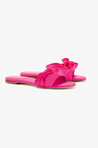 Ivy Ruffle Flat Mule In Pink Raffia