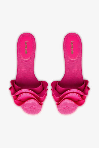 Ivy Ruffle Flat Mule In Pink Raffia