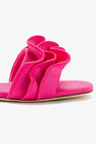 Ivy Ruffle Flat Mule In Pink Raffia