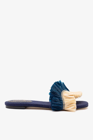 Ivy Fringe Flat In Navy Raffia Flat - Sandal Larroudé