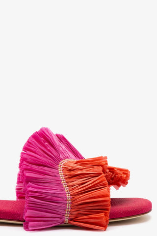 Ivy Fringe Flat In Pink and Orange Raffia