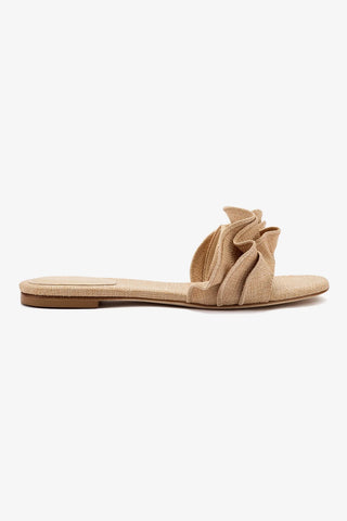 Ivy Ruffle Flat Mule In Beige Raffia