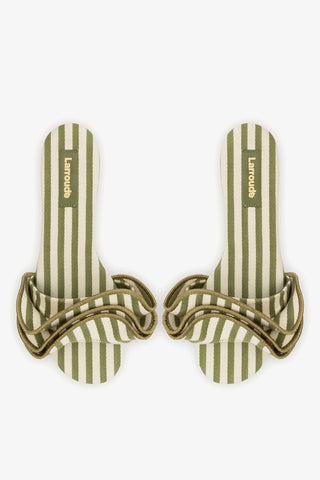 Ivy Ruffle Flat Seaweed Striped Canva Flat Larroudé