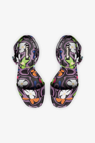 Dolly Sandal In Black Flower Power Print Leather