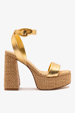 Dolly Verona Sandal In Gold Metallic Leather and Natural Raffia Sandal Larroudé