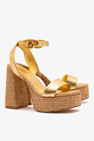 Dolly Verona Sandal In Gold Metallic Leather and Natural Raffia Sandal Larroudé