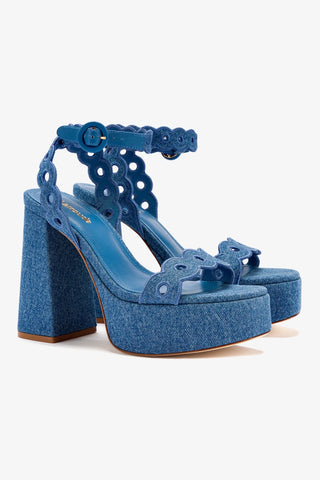 Dolly Broderie Sandal In Blue Stoned Denim