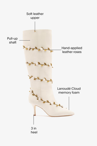 Larroudé x Tanner Fletcher: Kate Mid Rose Vines Boot Ivory Leather Boot Larroudé x Tanner Fletcher