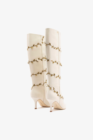 Larroudé x Tanner Fletcher: Kate Mid Rose Vines Boot Ivory Leather Boot Larroudé x Tanner Fletcher