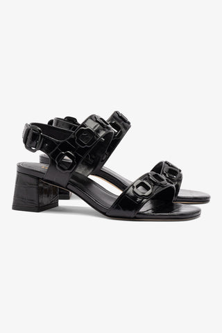 Milan Block Sandal In Black Croc Printed Leather