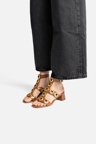 Milan Gladiator Block Sandal In Caramel Leather