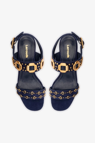Milan Studs Block Sandal In Navy Suede