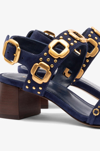 Milan Studs Block Sandal In Navy Suede