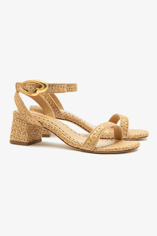 Verona Block Sandal In Beige Leather and Natural Raffia