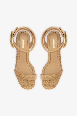 Verona Block Sandal In Beige Leather and Natural Raffia