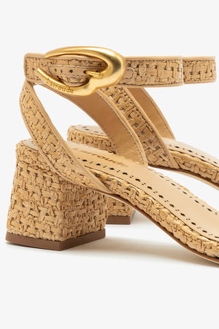 Verona Block Sandal In Beige Leather and Natural Raffia