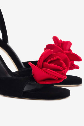 Salma Sandal In Black Suede and Scarlet Satin