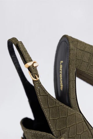 Harrington Hi Platform Loafer Olive Croco Suede Pump Larroudé