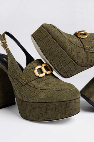 Harrington Hi Platform Loafer Olive Croco Suede Pump Larroudé