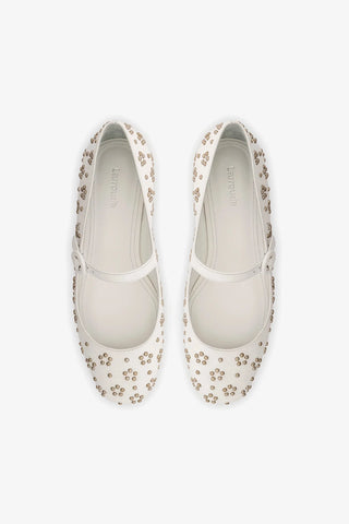 Blair Ballet Flat In White Leather and Metallic Studs