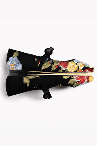 Larroudé x Markarian Flat In Black Wool and Floral Embroidery